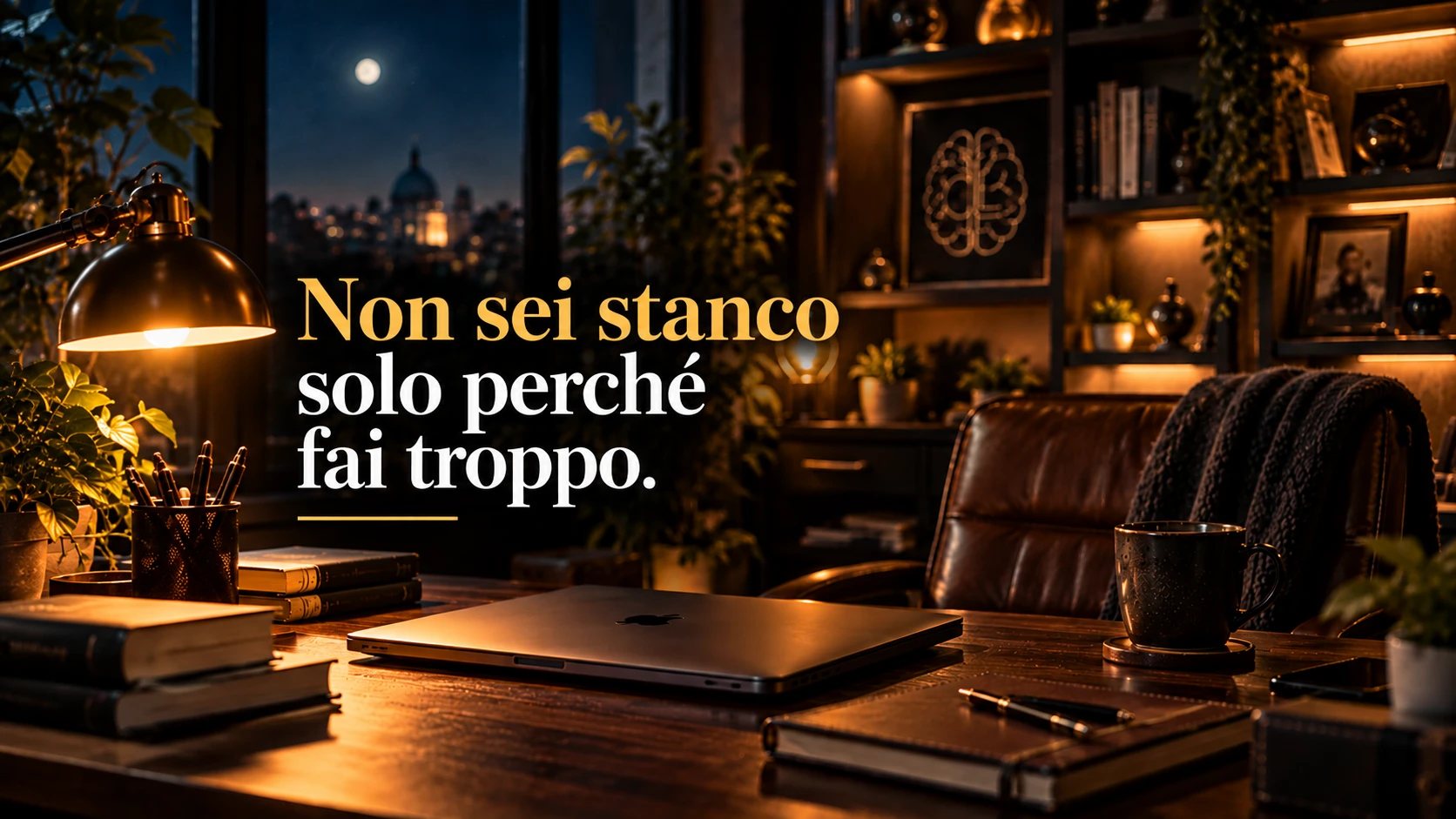 Scrivania con lampada accesa di notte e la scritta: Non sei stanco solo perché fai troppo.
