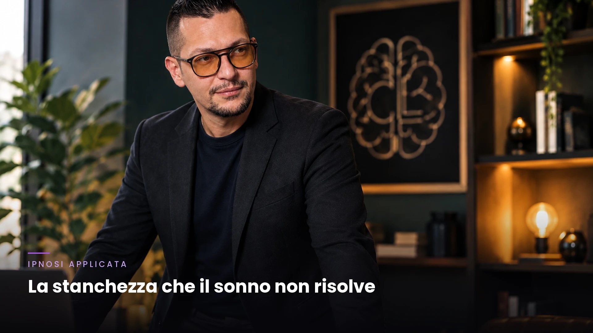 Cristian Lecca nel suo studio, con la scritta: La stanchezza che il sonno non risolve.